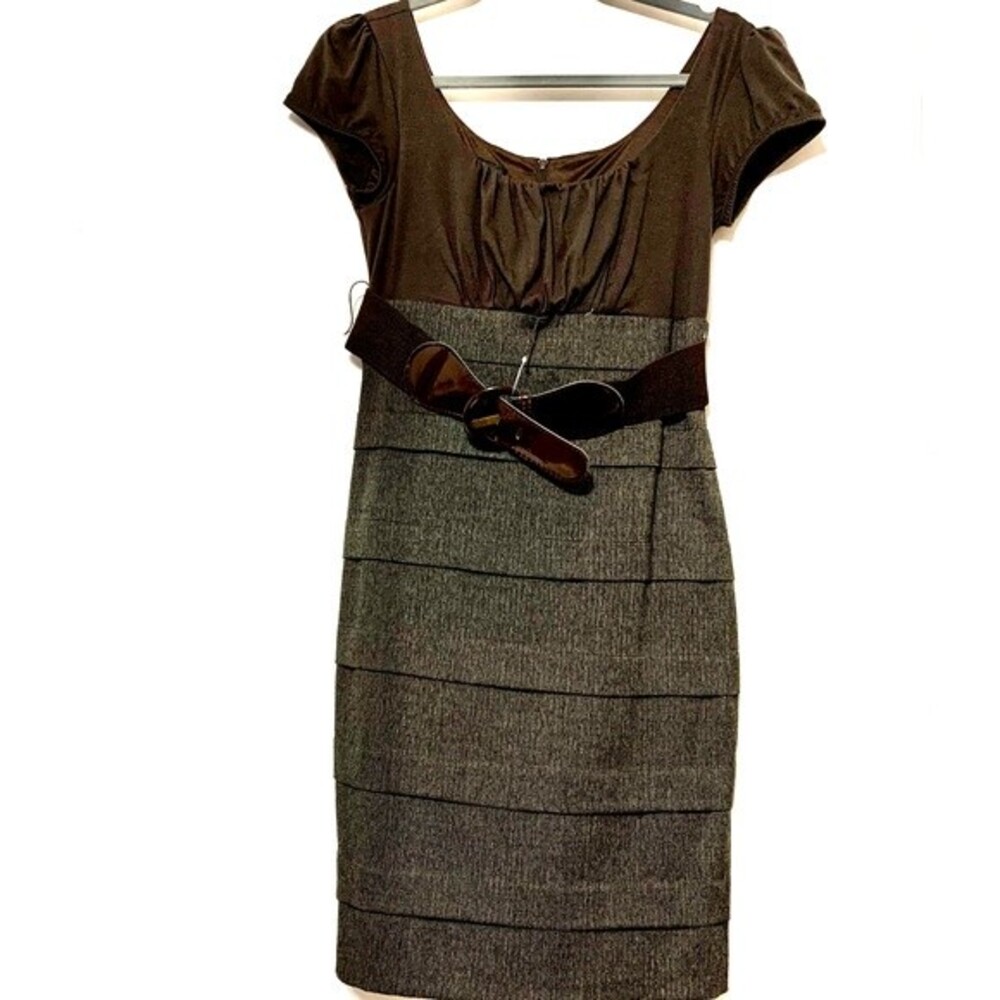 BCX brown dress vintage style bodycon  short sleeve with belt dress size 7